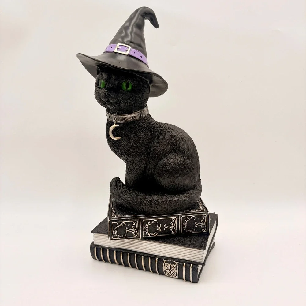Black Cat Witch Figurine on Spell Books Gothic Halloween Decor Green Eyes Hat
